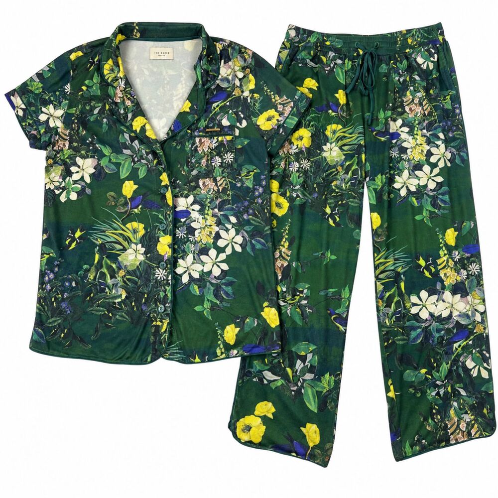 Ted Baker London Botanical Floral Pajama Set Green Bird Print 2-pc PJ Shirt Pant
